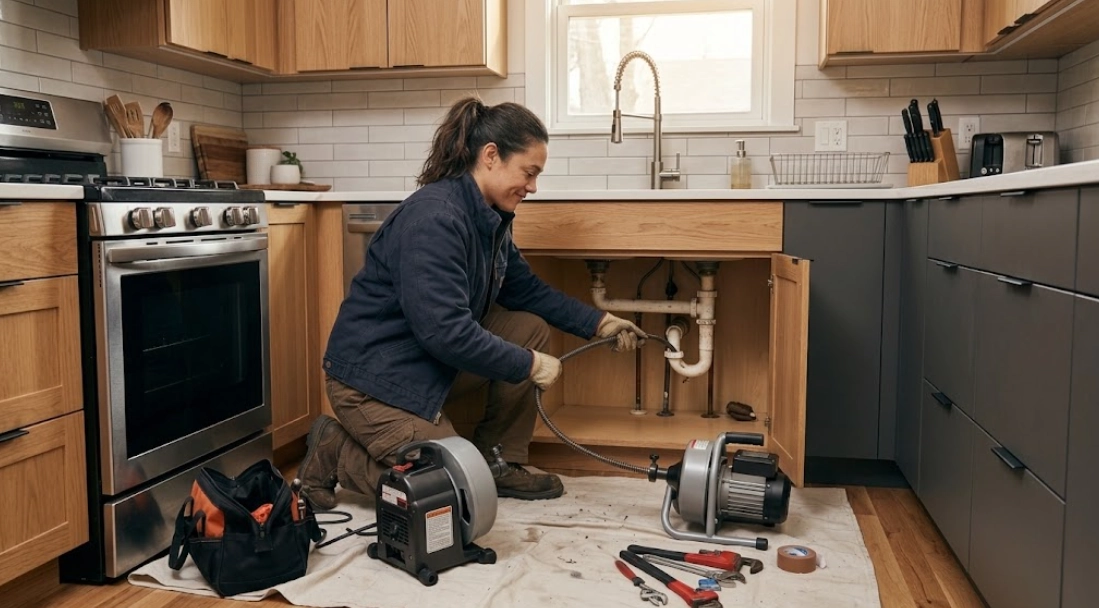 Plumber clearing a clogged kitchen sink drain using professional motorized snake equipment in Bedford Park, Bronx